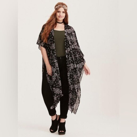 Women’s torrid 1 2 Black Mandala Print Chiffon Kimono Duster 14 16 18 20 1X 2X - Picture 1 of 14